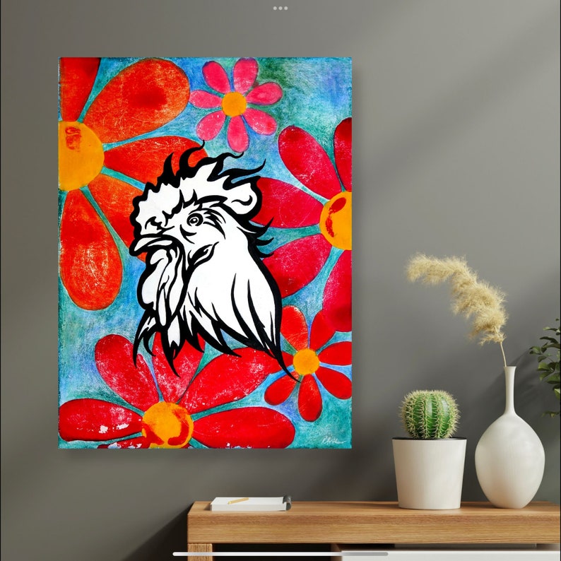 Black and White Rooster with Red Flowers Unframed Fine Art Canvas Print by Colorado Artist Robin Arthur Modern Chicken Pop Art Decor image 3