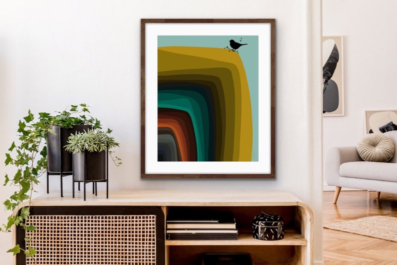 Mid Century Modern Style Abstract Art in 1950s Colors with a Bird Silhouette image 3