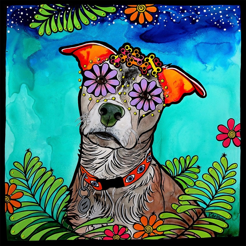 Sugar Skull Pit Bull Art Day of the Dead or Dia de los Muertos Style Art Print for Dog Lovers image 1