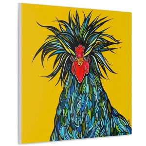 Chicken Art Print on Square Canvas in Various Sizes, Ready to Hang, Lightweight, Bright, Happy Rooster Art