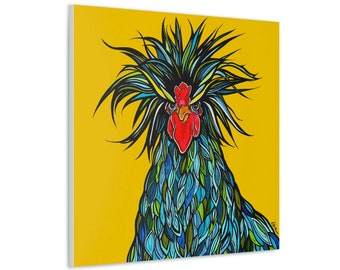 Wild Feathers, Exotic, Blue and Green Rooster on Yellow Background Chicken Art  | Ready to Hang, Square Canvas, Modern Farmhouse Decor