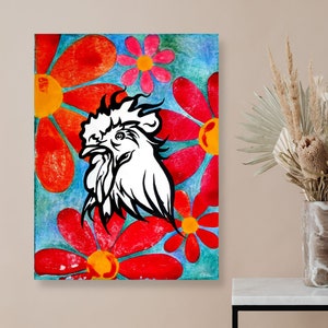 Black and White Rooster with Red Flowers Unframed Fine Art Canvas Print by Colorado Artist Robin Arthur Modern Chicken Pop Art Decor image 4