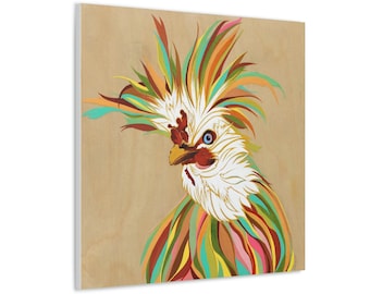 Exotic Rooster Soft Colors Art on Square, Unframed, Gallery Wrapped Canvas | Ready to Hang Contemporary Chicken Art | Modern Farmhouse Decor