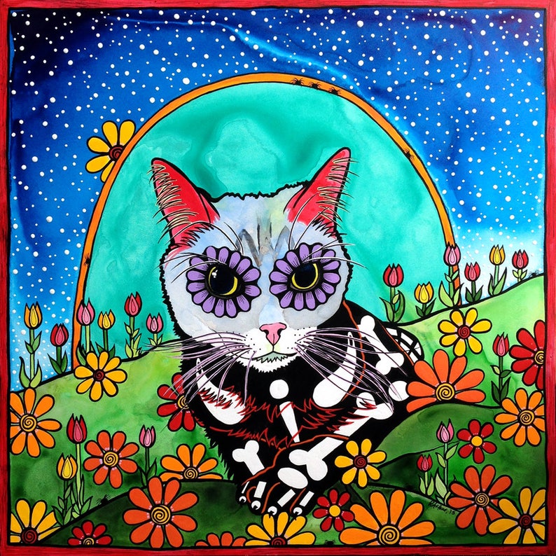 Day of the Dead Cat Art by RobiniArt \u2022 Sugar Skull Cat Prints \u2022 Mexican Decor \u2022 Cat Lover Gifts \u2022 Modern Pet Portraits \u2022 Cat Folk Art