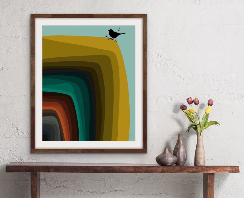 Mid Century Modern Style Abstract Art in 1950s Colors with a Bird Silhouette image 1