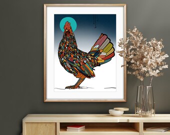 Cute, Brightly Colored Chicken and Moon Digital Drawing by Colorado Artist Robin Arthur | Unframed Fine Art Print on Paper