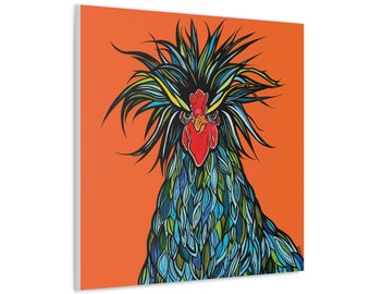 Wild Feathers, Exotic, Blue and Green Rooster on Orange Background Chicken Art  | Ready to Hang, Square Canvas, Modern Farmhouse Decor