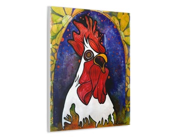 Red and White Rooster  with Stars and Yellow Flowers Unframed, Ready to Hang, Fine Art Canvas Print by Colorado Artist Robin Arthur