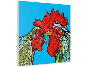 Chicken and Rooster on Bright Blue Background | Print on Square Canvas | by Colorado Artist Robin Arthur | Modern Farmhouse Kitchen Decor