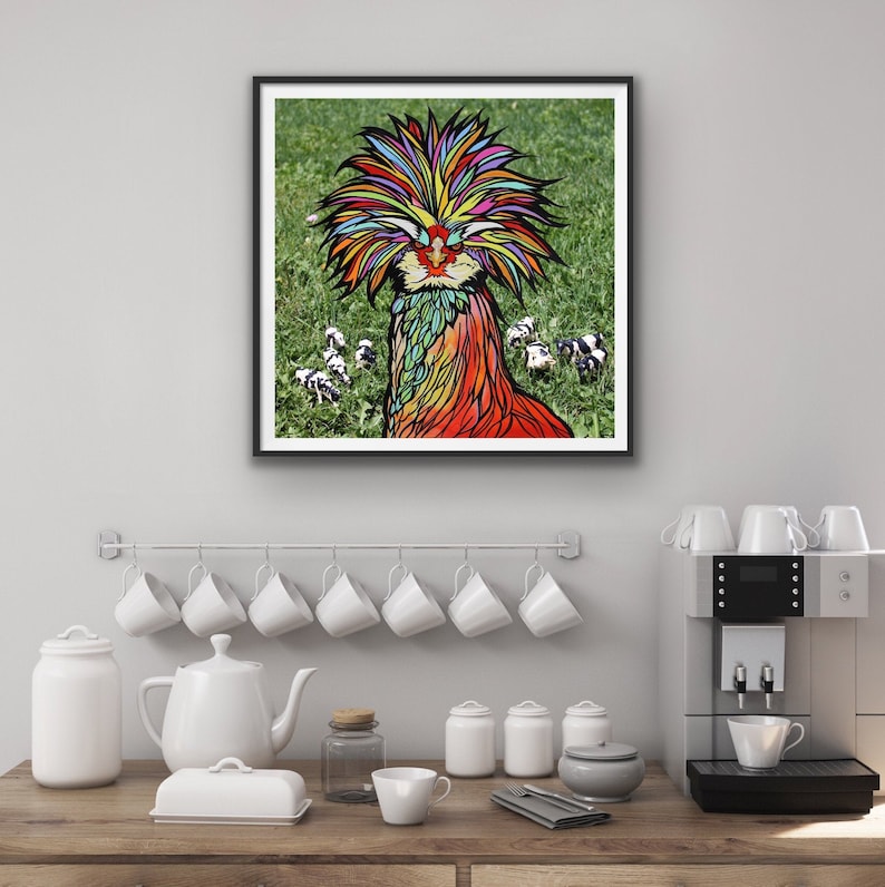 Chicken Art Print on Fine Art Paper by RobiniArt \u2022 Polish or Silkie Chicken over a Photo of Toy Dairy Cows \u2022 Fun Funky Chicken Art!