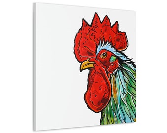 Red and Green Feathers Rooster Art Print on Gallery Wrapped and Ready to Hang Canvas | by Colorado Artist Robin Arthur