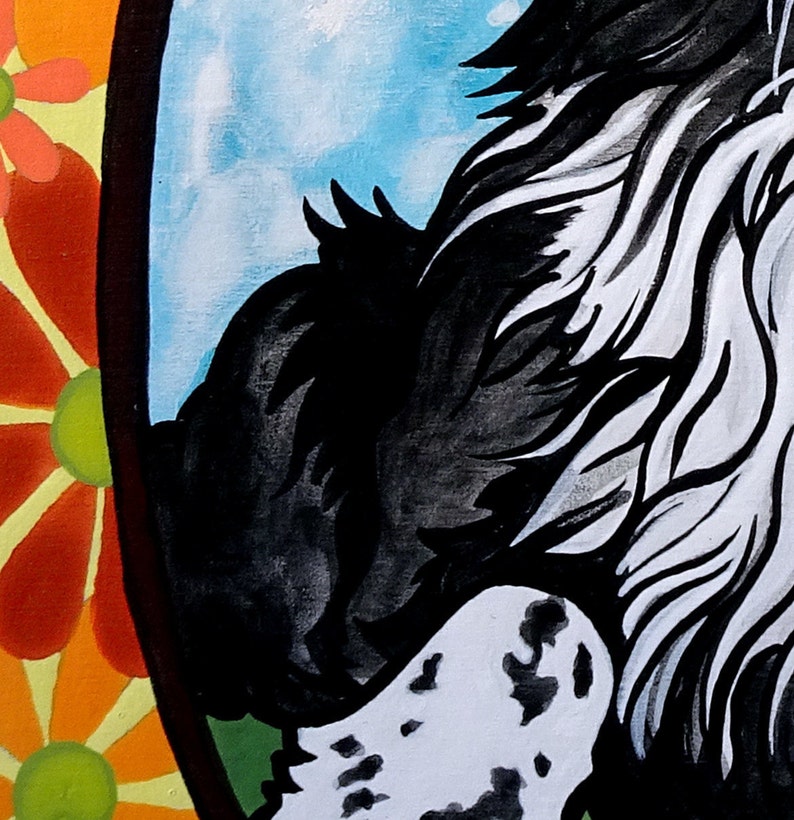 Border Collie with Orange Daisies Giclee Art Print by RobiniArt \u2022 Border Collie Lover Gifts \u2022 Modern Dog Art \u2022 Dog Pop Art \u2022 Dog Lover Gifts