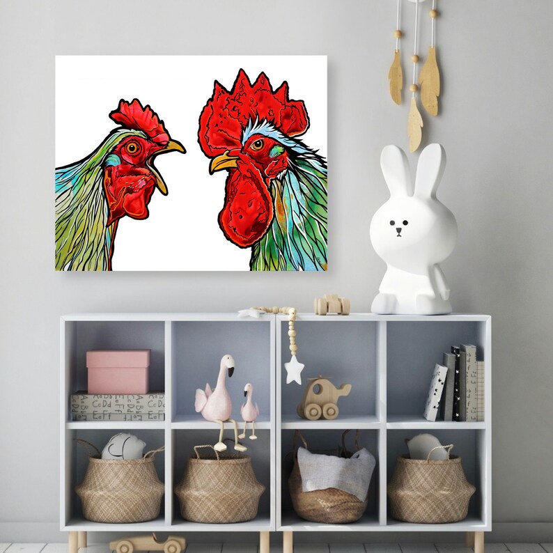 Red and Green Chicken and Rooster Unframed Fine Art Print on Canvas by Colorado Artist Robin Arthur Modern Farmhouse Kitchen Decor image 3