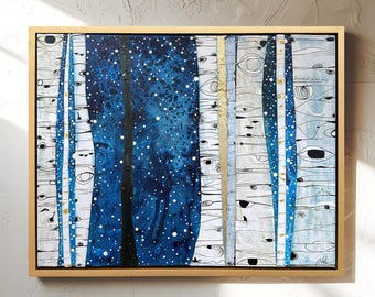 Original Aspen Tree Painting with Gold Foil Framed Forest Wall Art Mixed Media Canvas 16x20