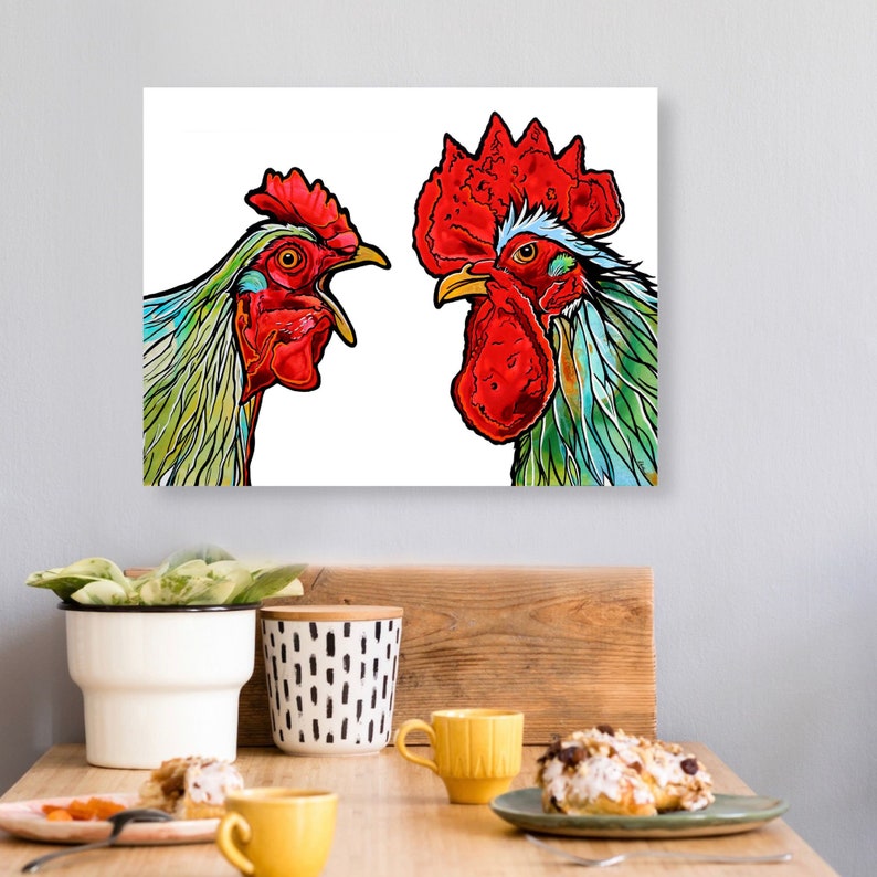 Red and Green Chicken and Rooster Unframed Fine Art Print on Canvas by Colorado Artist Robin Arthur Modern Farmhouse Kitchen Decor image 2