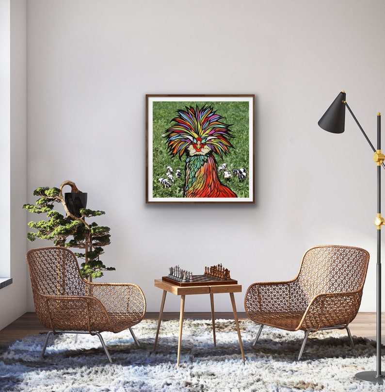 Chicken Art Print on Fine Art Paper by RobiniArt \u2022 Polish or Silkie Chicken over a Photo of Toy Dairy Cows \u2022 Fun Funky Chicken Art!