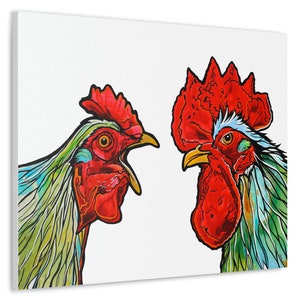 Red and Green Chicken and Rooster Unframed Fine Art Print on Canvas by Colorado Artist Robin Arthur Modern Farmhouse Kitchen Decor image 1