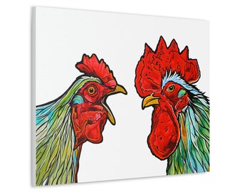 Red and Green Chicken and Rooster Unframed Fine Art Print on Canvas by Colorado Artist Robin Arthur | Modern Farmhouse Kitchen Decor