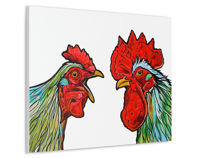 Red and Green Chicken and Rooster Unframed Fine Art Print on Canvas by Colorado Artist Robin Arthur Modern Farmhouse Kitchen Decor image 1