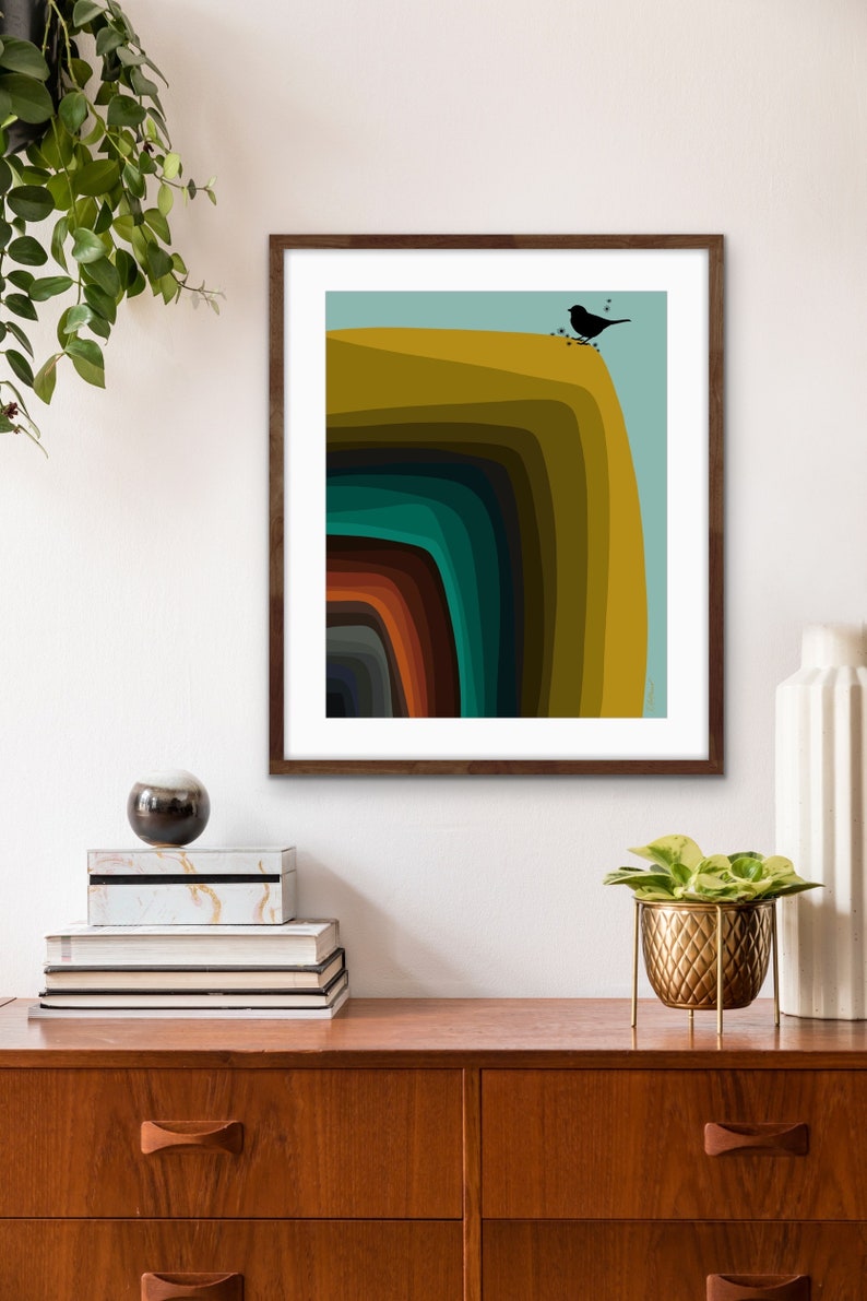 Mid Century Modern Style Abstract Art in 1950s Colors with a Bird Silhouette image 5