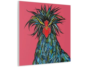 Wild Feathers, Exotic, Blue and Green Rooster on Pink Background Chicken Art  | Ready to Hang, Square Canvas, Modern Farmhouse Decor