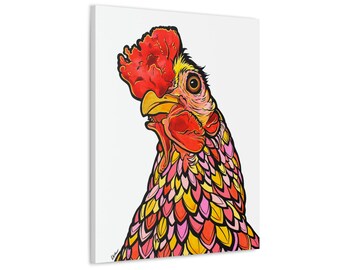 Pink Yellow, Red and Gold Chicken Art Print on Gallery Wrapped and Ready to Hang Canvas | by Colorado Artist Robin Arthur