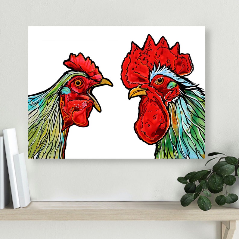 Red and Green Chicken and Rooster Unframed Fine Art Print on Canvas by Colorado Artist Robin Arthur Modern Farmhouse Kitchen Decor image 4