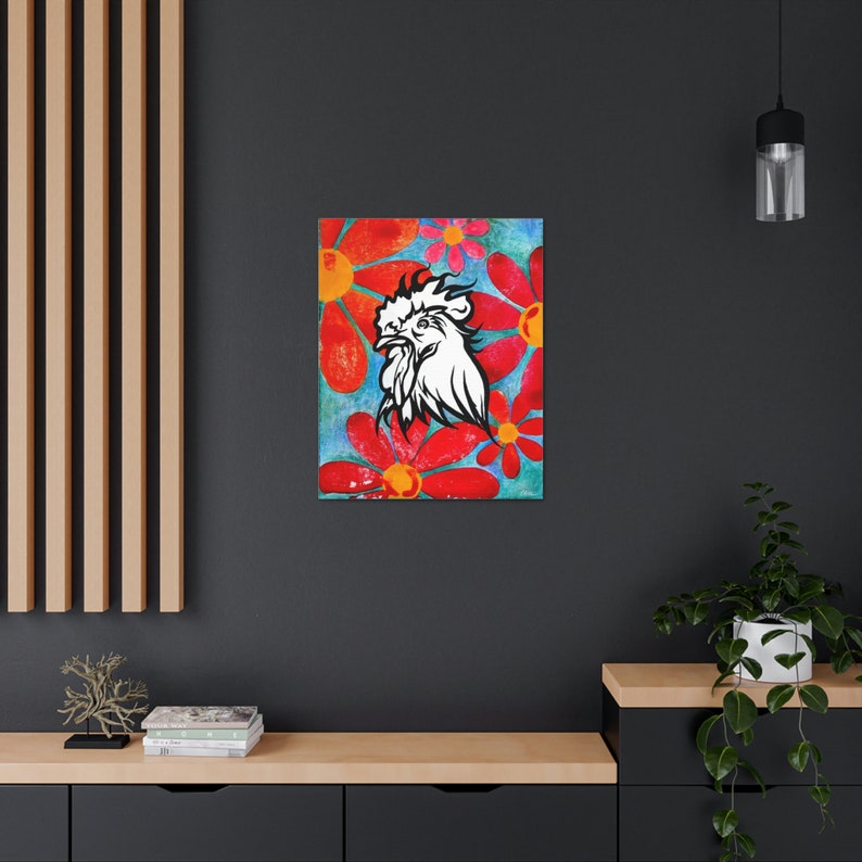 Black and White Rooster with Red Flowers Unframed Fine Art Canvas Print by Colorado Artist Robin Arthur Modern Chicken Pop Art Decor image 5