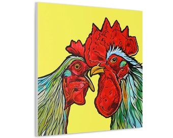 Red, Green and Yellow Chicken and Rooster Unframed Print on Square Canvas by Colorado Artist Robin Arthur | Modern Farmhouse Kitchen Decor