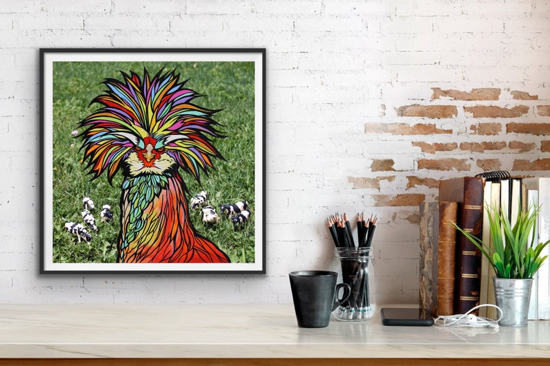 Chicken Art Print on Fine Art Paper by RobiniArt \u2022 Polish or Silkie Chicken over a Photo of Toy Dairy Cows \u2022 Fun Funky Chicken Art!