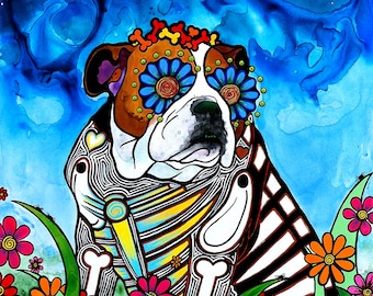 Bulldog Giclee Print by RobiniArt • Sugar Skull and Day of the Dead • Mexican Decor • English Bulldog Lover Gift • Modern Folk Art • Dog Art