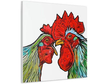 Red and Green Chicken and Rooster Ready to Hang Art on Square Canvas by Colorado Artist Robin Arthur | Modern Farmhouse Kitchen Decor