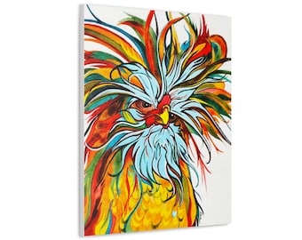 Exotic Multi-Colored Feathers Rooster Print by Colorado Artist Robin Arthur | Exotic Yellow and Blue Chicken Artwork on Ready to Hang Canvas