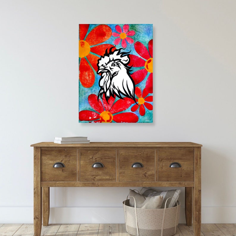 Black and White Rooster with Red Flowers Unframed Fine Art Canvas Print by Colorado Artist Robin Arthur Modern Chicken Pop Art Decor image 2