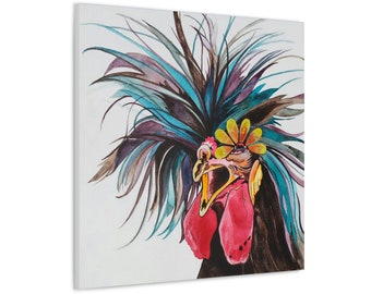 Crowing Polish Rooster in Muted Colors of Blue, Gray and Red on a Ready to Hang, Square Canvas in Various Sizes