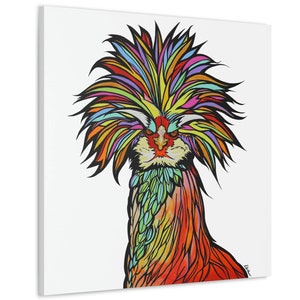 Exotic Rooster Bright Colors Art on Square, Unframed, Gallery Wrapped Canvas | Ready to Hang Contemporary Chicken Art | Modern Farm Decor