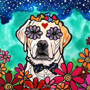 Sugar Skull Labrador Retriever with Orange and Red Daisies Art Print by RobiniArt Yellow Labrador Retriever Giclee Lab Lover Gifts image 1