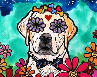 Sugar Skull Labrador Retriever with Orange and Red Daisies Art Print by RobiniArt • Yellow Labrador Retriever Giclee • Lab Lover Gifts