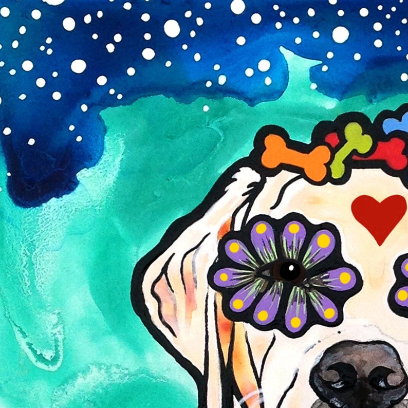 Sugar Skull Labrador Retriever with Orange and Red Daisies Art Print by RobiniArt Yellow Labrador Retriever Giclee Lab Lover Gifts image 3