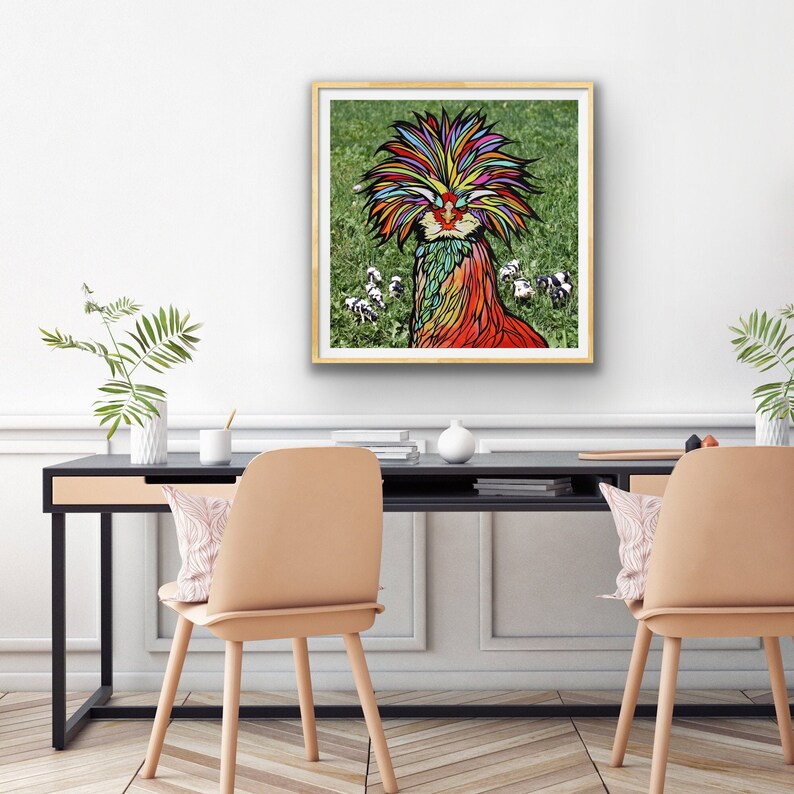 Chicken Art Print on Fine Art Paper by RobiniArt \u2022 Polish or Silkie Chicken over a Photo of Toy Dairy Cows \u2022 Fun Funky Chicken Art!
