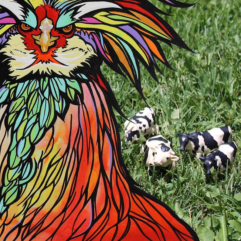 Chicken Art Print on Fine Art Paper by RobiniArt \u2022 Polish or Silkie Chicken over a Photo of Toy Dairy Cows \u2022 Fun Funky Chicken Art!
