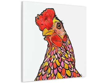 Pink Chicken Art on Square, Unframed, Gallery Wrapped Canvas | Ready to Hang Contemporary Chicken Art | Modern Farmhouse Decor