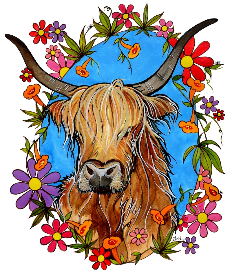 Highland Cow Art by RobiniArt Shaggy Cow with Flowers and Etsy