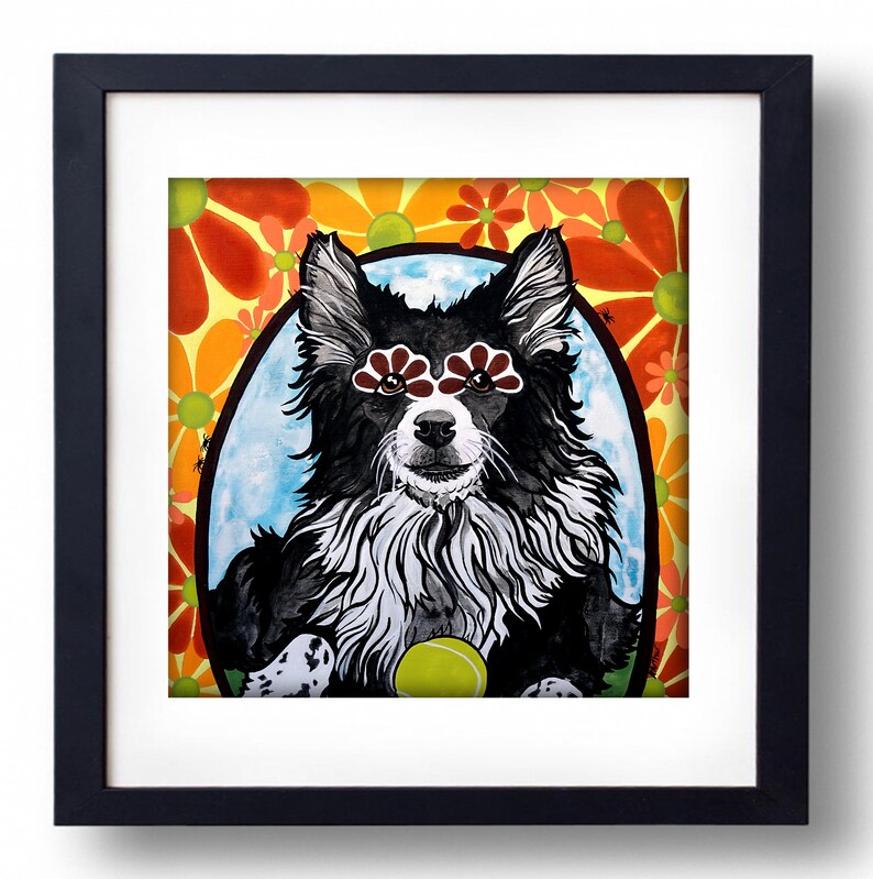 Border Collie with Orange Daisies Giclee Art Print by RobiniArt \u2022 Border Collie Lover Gifts \u2022 Modern Dog Art \u2022 Dog Pop Art \u2022 Dog Lover Gifts
