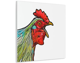 Crowing Green and Red Hen on Ready to Hang, Square, Canvas Print | by Colorado Artist Robin Arthur | Modern Farmhouse Kitchen Decor