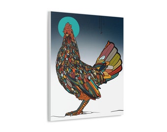 Contemporary Chicken and Moon Art, Digitally Drawn, Ready to Hang Canvas Print by Colorado Artist Robin Arthur | Chicken Lover Gift