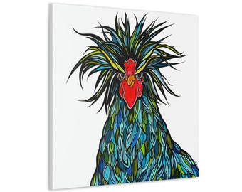 Wild Feathers, Exotic, Blue and Green Rooster on a White Background Chicken Art  | Ready to Hang, Square Canvas, Modern Farmhouse Decor