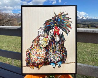 Polish Chicken and Rooster Framed Fine Art Canvas by Colorado Artist Robin Arthur | Contemporary Modern Black or Walnut Frame | High Quality