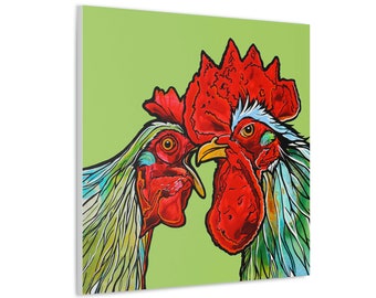 Colorful Chicken and Rooster on Green Background Print on Square Canvas by Colorado Artist Robin Arthur | Modern Farmhouse Kitchen Decor