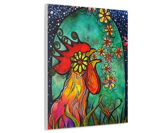 Crowing Rooster with Flowers and Stars Whimsical Canvas Print by Colorado Artist Robin Arthur | Ready to Hang, Gallery Wrapped and Unframed